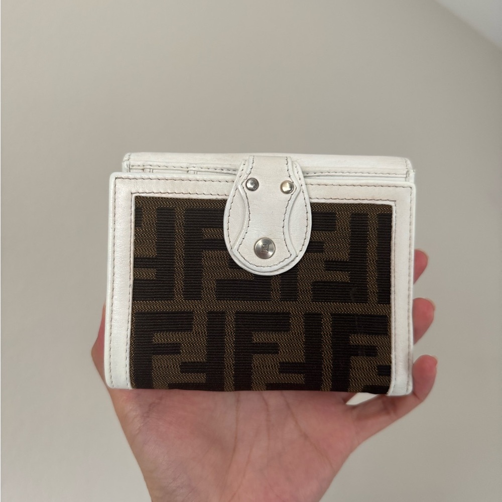 Fendi Brown and White Zucca Trifold Wallet with COA